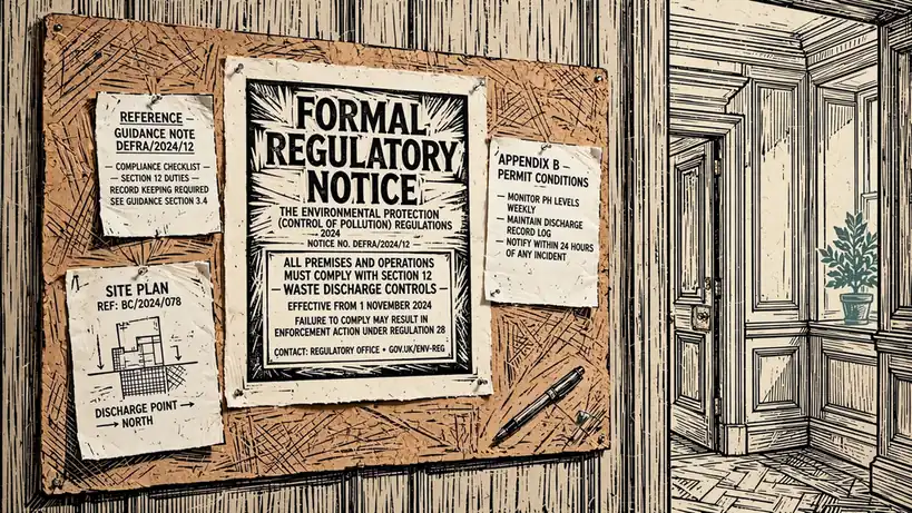 Formal regulatory notice pinned to a board in a UK office.